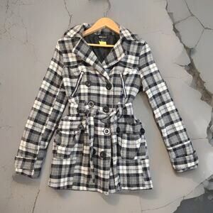 Wet Seal Women Coat M Gray Plaid VTG Y2K Belted Peacoat Trench Jacket Wool Blend
